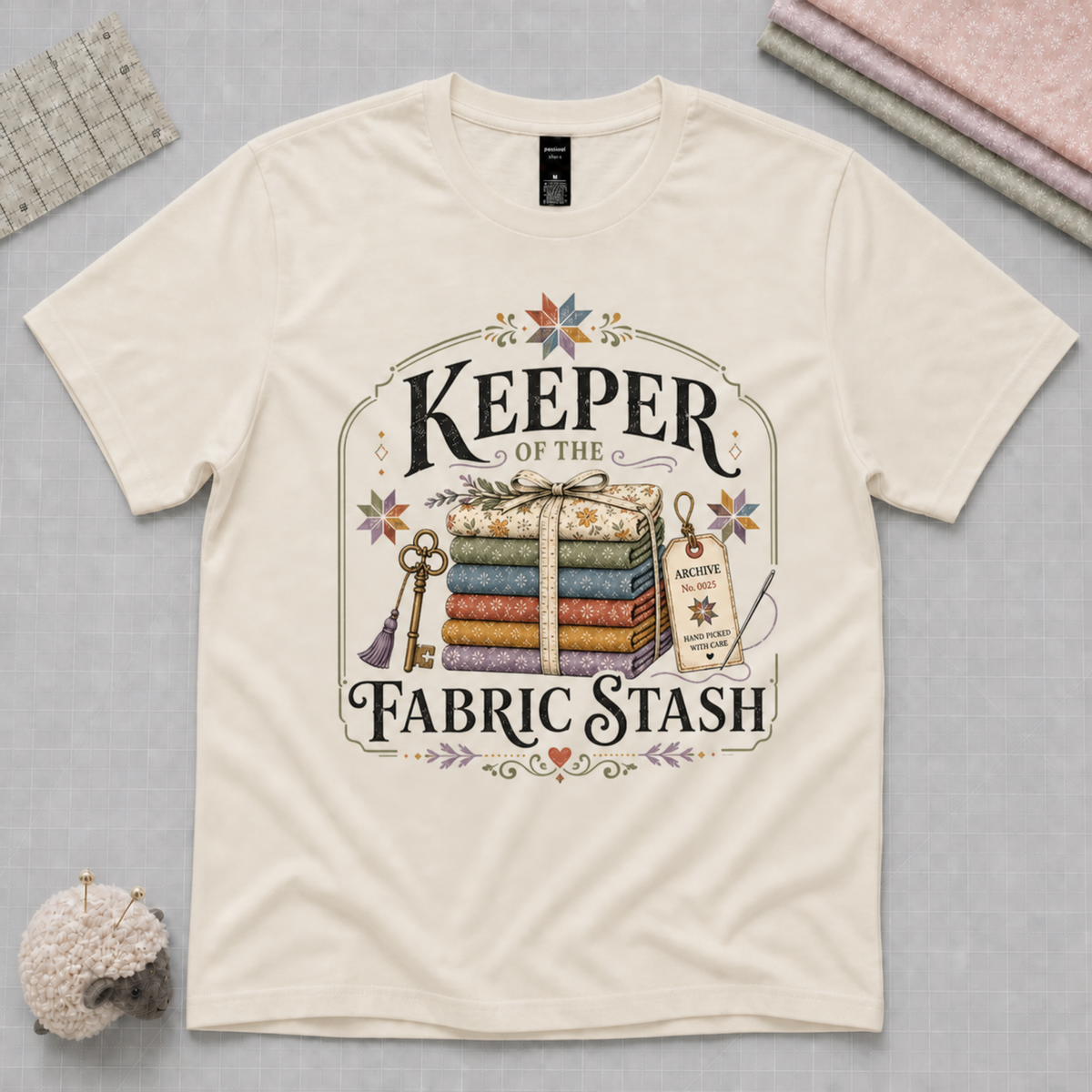 A cream coloured graphic t-shirt featuring the words 'Keeper of the Fabric Stash'. It includes a stack of folded fabric, a key, archive tag and small stars. The shirt lays flat on a pale grey cutting mat with quilting supplies in the corners.