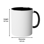 A white ceramic mug with a black interior, black rim, and black handle, shown with dimension labels indicating a height of 9.7 cm and a diameter of 8.2 cm.