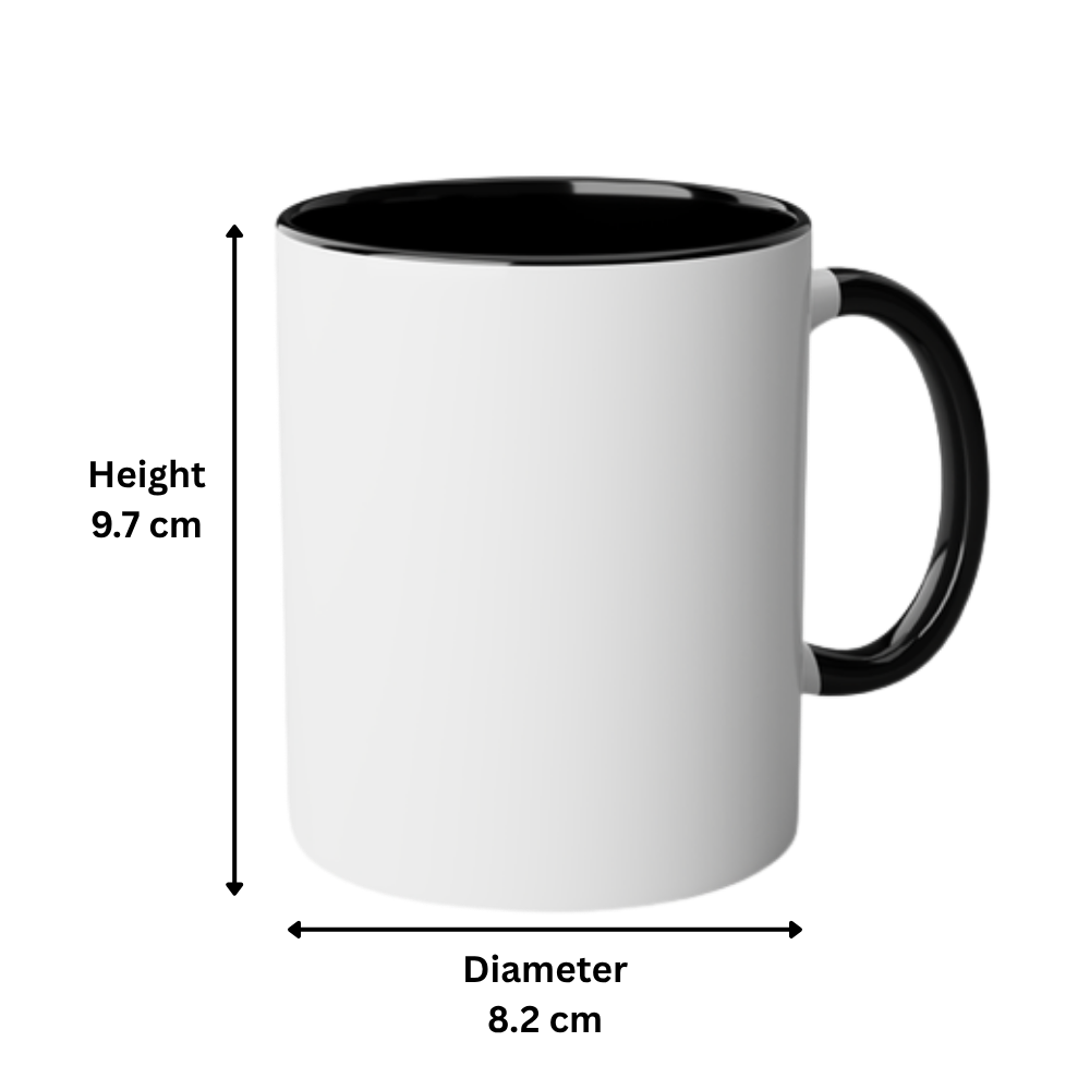 A white ceramic mug with a black interior, black rim, and black handle, shown with dimension labels indicating a height of 9.7 cm and a diameter of 8.2 cm.