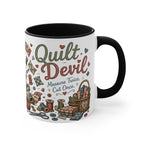A white ceramic mug with a black handle and interior, featuring a 'Quilt Devil' graphic design with sewing-themed illustrations and the quote 'Measure Twice, Cut Once.' on a white background.
