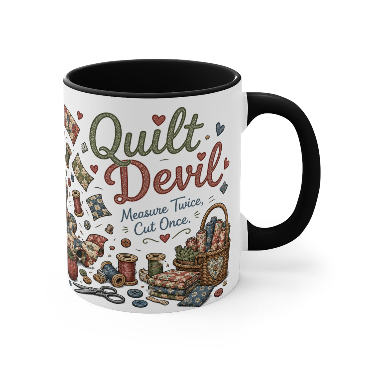 A white ceramic mug with a black handle and interior, featuring a 'Quilt Devil' graphic design with sewing-themed illustrations and the quote 'Measure Twice, Cut Once.' on a white background.
