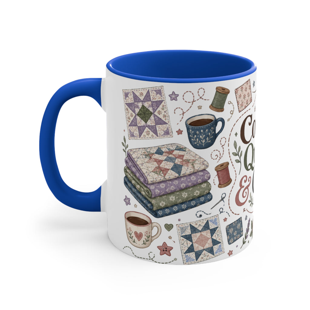 A white ceramic mug with a blue handle shown on the left and blue interior, decorated with quilting-themed illustrations including fabric stacks, sewing spools, a coffee cup, and quilt patterns on a white background. 