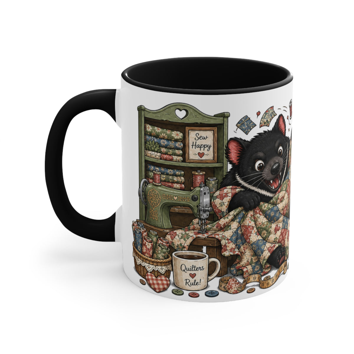 A white ceramic mug with a black handle and black interior, featuring a colorful printed illustration of a Tasmanian Devil surrounded by quilting supplies, sewing machine and a coffee mug.