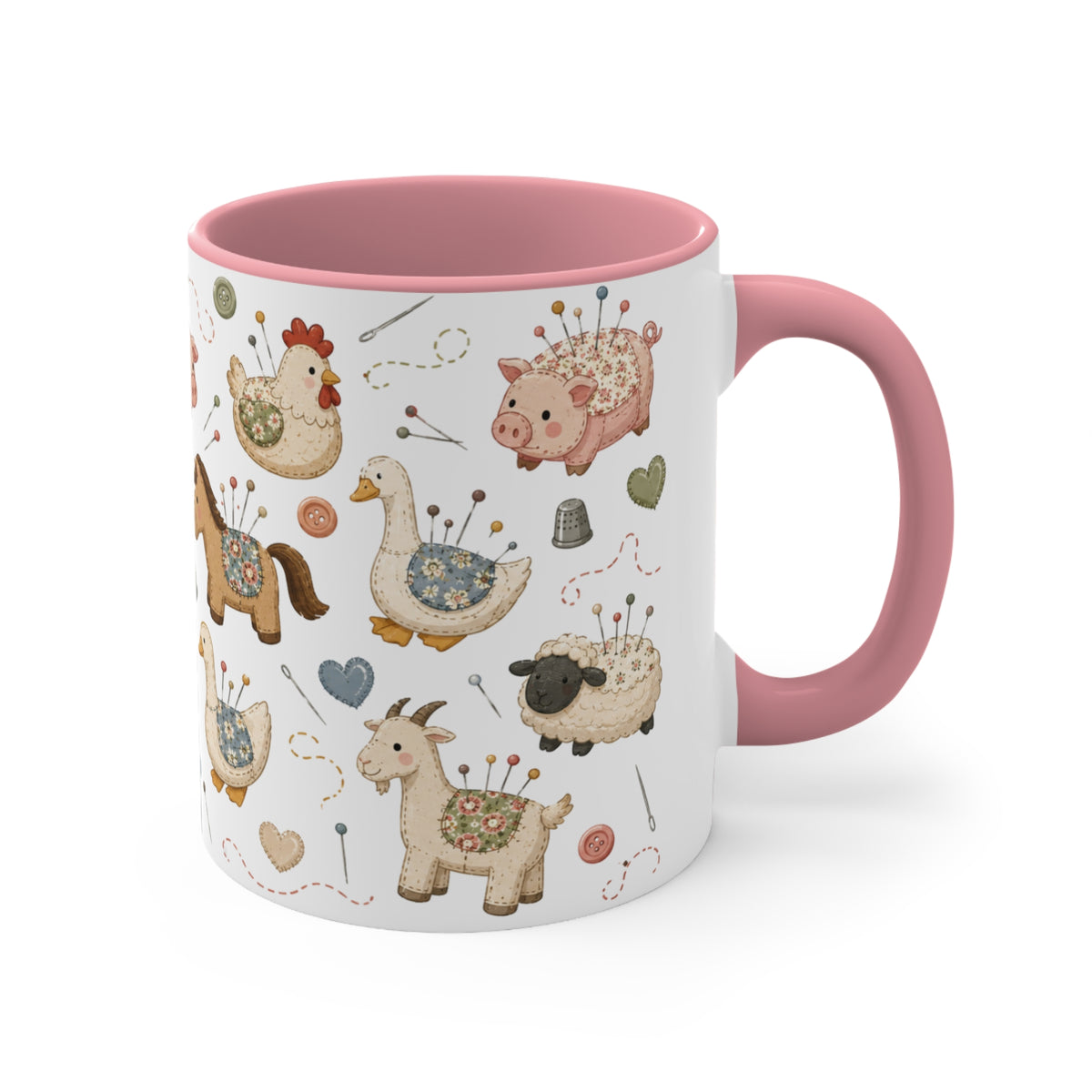 A white ceramic mug with a pink handle and interior, decorated with a whimsical pincushion animals including chickens, pigs, ducks, horses, sheep, and goats. The handle is on the right.