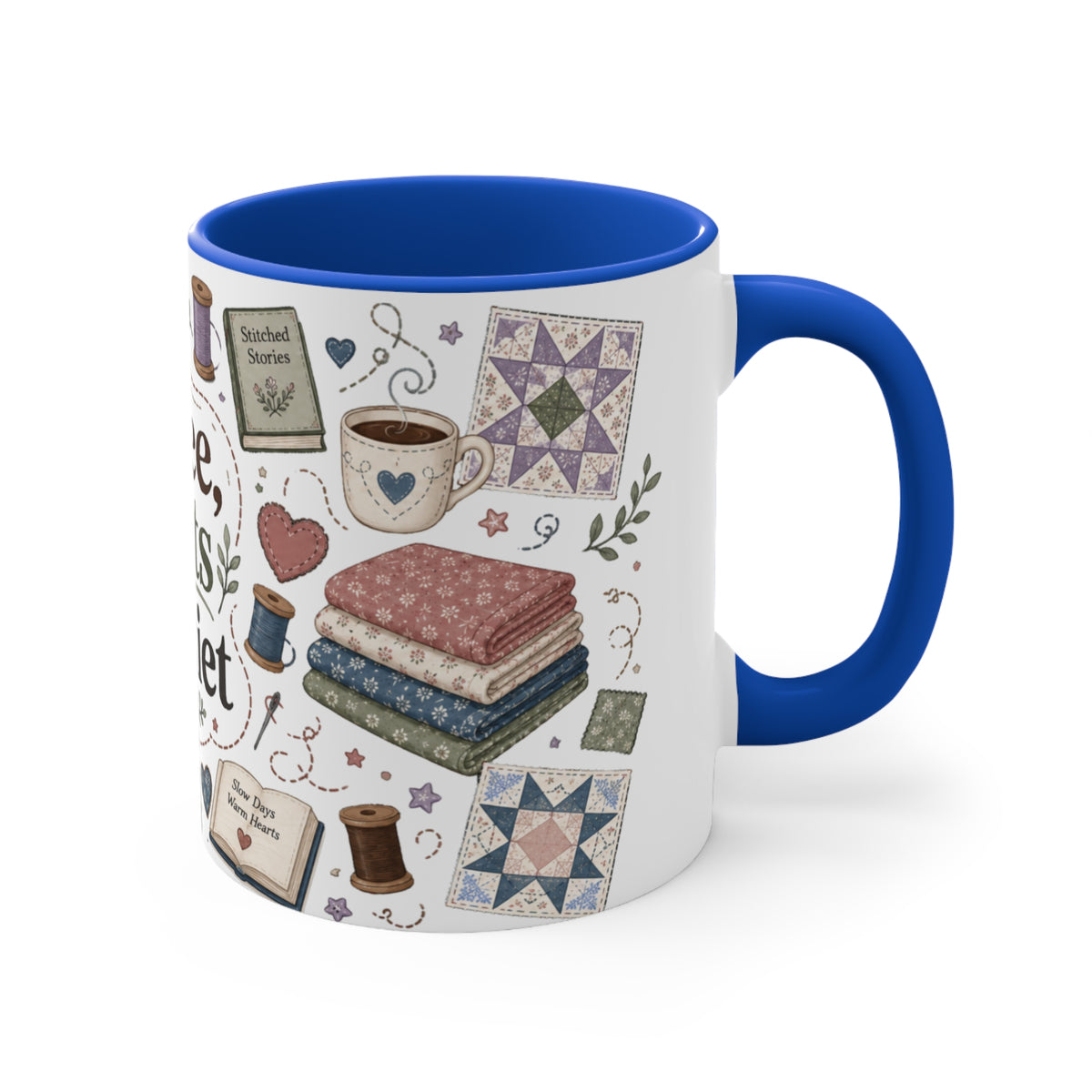 A white ceramic mug with a blue handle shown on the right and blue interior, decorated with quilting-themed illustrations including fabric stacks, sewing spools, a coffee cup, and quilt patterns on a white background. 