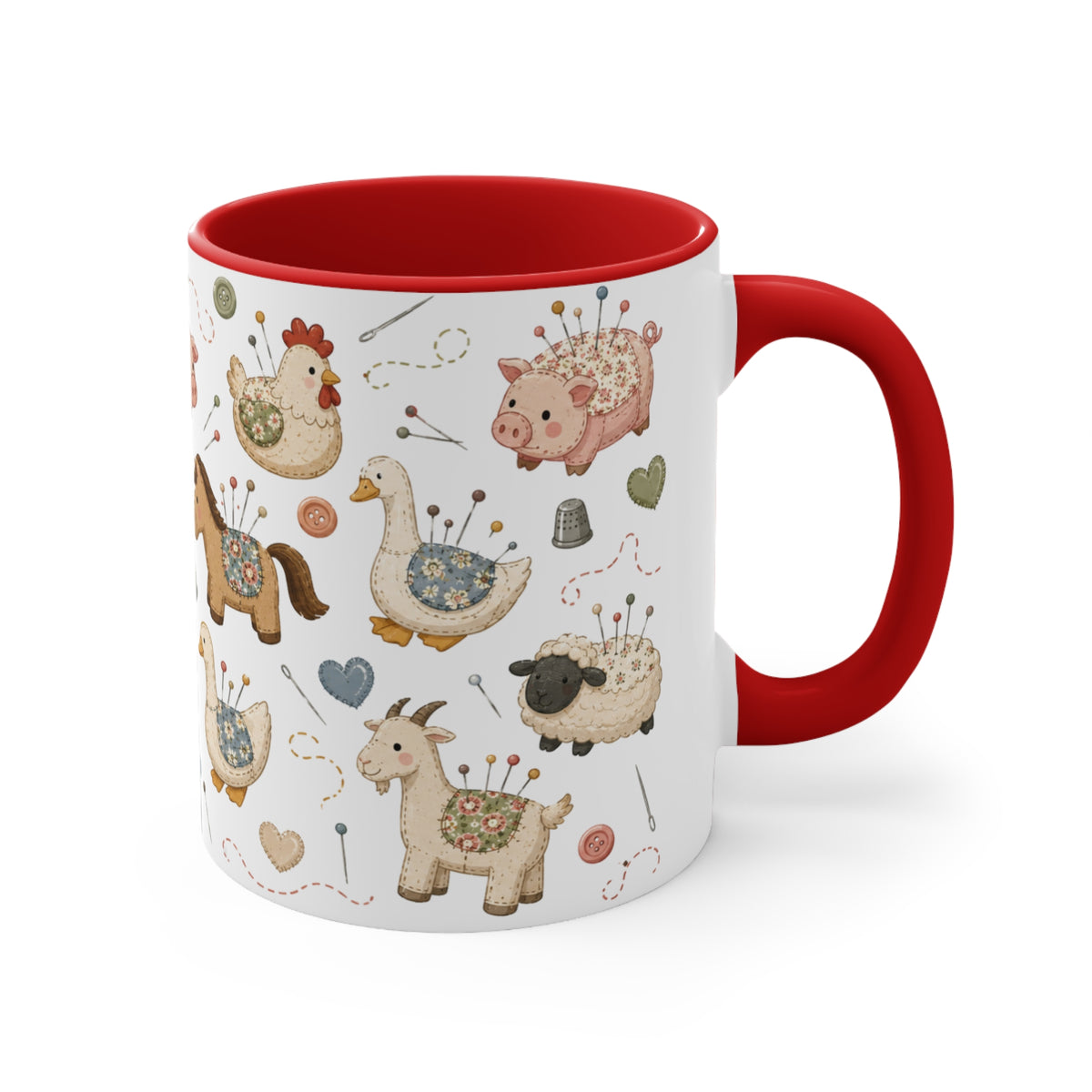 A white ceramic mug with a red handle and interior, decorated with a whimsical pincushion animals including chickens, pigs, ducks, horses, sheep, and goats. The handle is on the right.