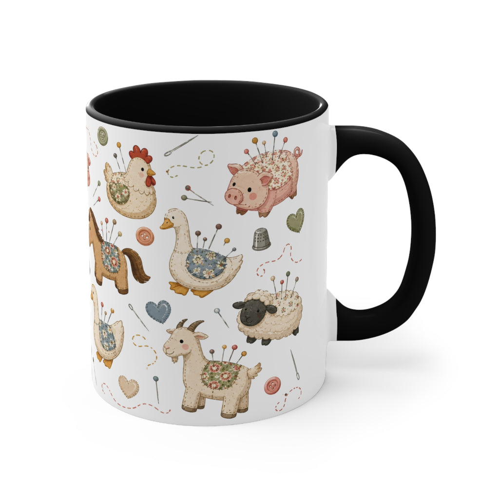 A white ceramic mug with a black handle and interior, decorated with a whimsical pincushion animals including chickens, pigs, ducks, horses, sheep, and goats. The handle is on the right.