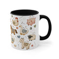 A white ceramic mug with a black handle and interior, decorated with a whimsical pincushion animals including chickens, pigs, ducks, horses, sheep, and goats. The handle is on the right.