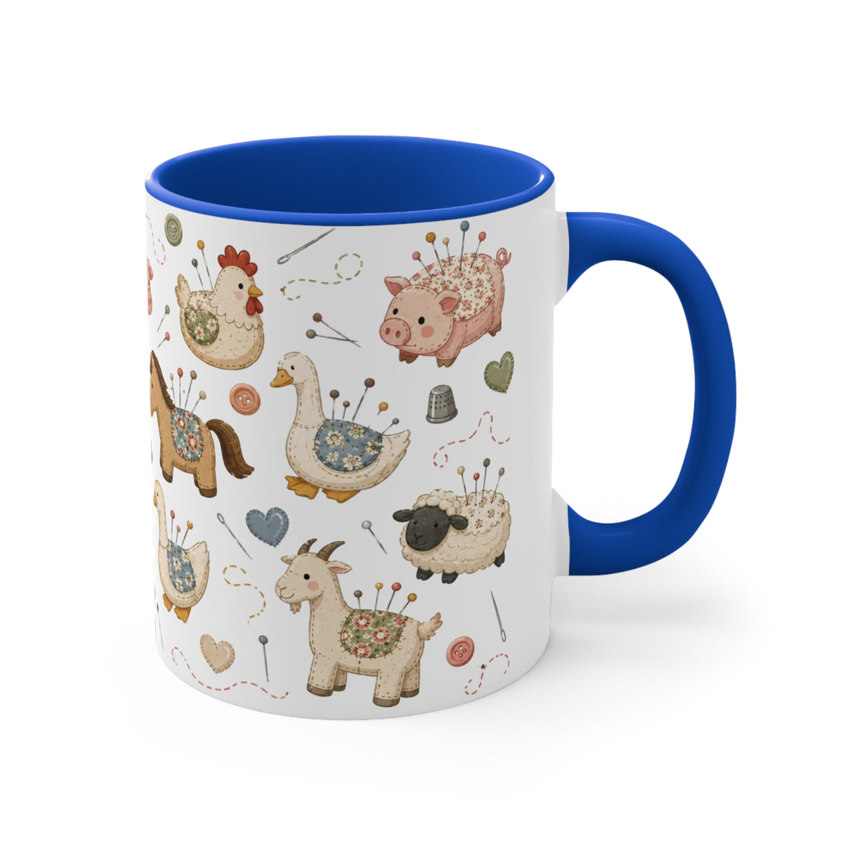 A white ceramic mug with a blue handle and interior, decorated with a whimsical pincushion animals including chickens, pigs, ducks, horses, sheep, and goats. The handle is on the right.