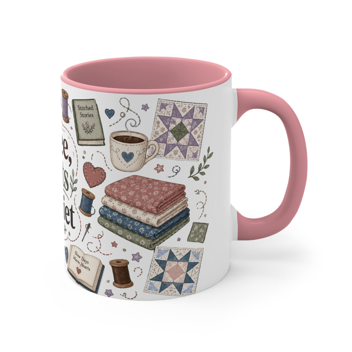 A white ceramic mug with a pink handle shown on the right and pink interior, decorated with quilting-themed illustrations including fabric stacks, sewing spools, a coffee cup, and quilt patterns on a white background. 