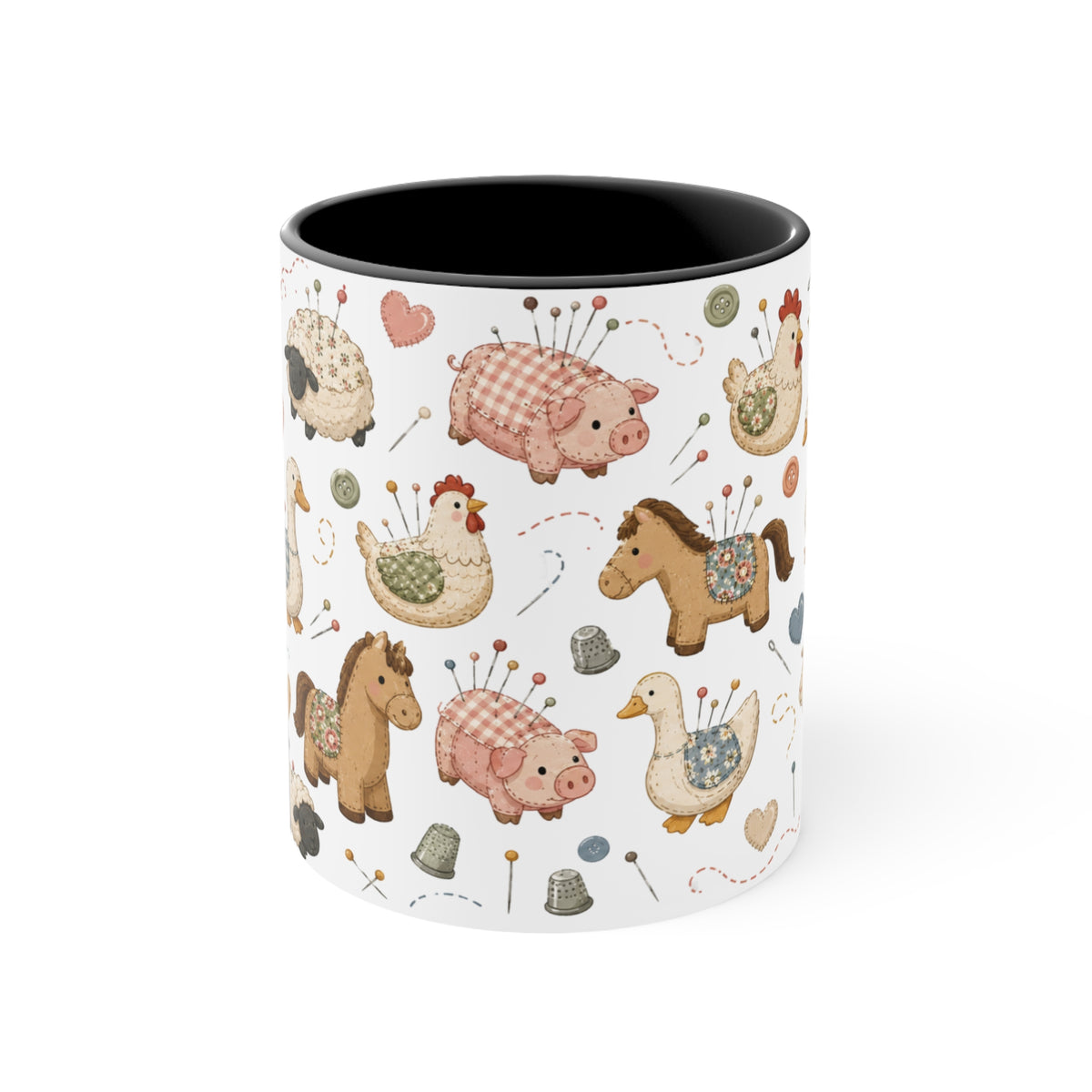 A white ceramic mug with a black handle and interior, decorated with a whimsical pincushion animals including chickens, pigs, ducks, horses, sheep, and goats. The mug is shown from the front and the handle in not visible.
