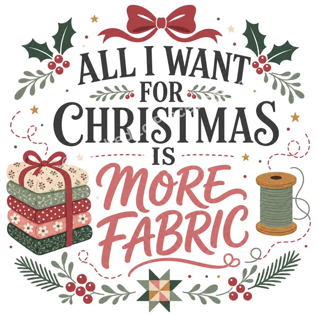 A close-up of the graphic reading 'All I Want For Christmas Is' in dark script and 'More Fabric' in dark pink. The words are surrounded by a stack of fabric tied with a red ribbon, a thread reel and leaves with a small patchwork star at the bottom.