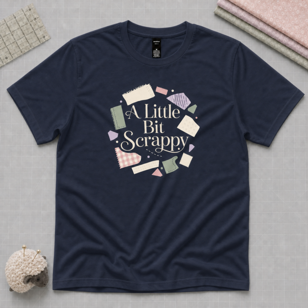 A navy blue short-sleeve t-shirt with a graphic that reads 'A Little Bit Scrappy' in cream script, surrounded by pastel-colored fabric swatches. The t-shirt is displayed flat on a gray cutting mat with quilting equipment in the corners.