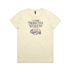 A pale butter yellow short-sleeve graphic t-shirt featuring the words 'A Very Productive Weekend, probably' above a stack of patchwork blocks and a thread spool.