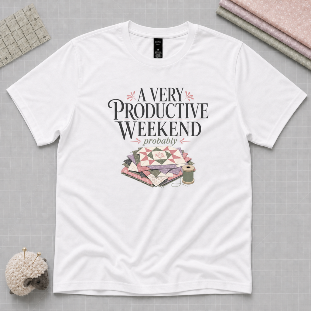 A white short-sleeve graphic t-shirt laying flat on a pale grey background with quilting supplies in the corners. The shirt reads 'A Very Productive Weekend, probably' above a stack of quilt blocks and a thread spool.