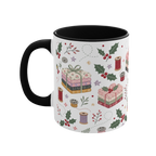 The left side of a white ceramic mug with a black handle and interior, decorated with a repeating pattern of stacked fabrics, holly leaves, berries, and thread spools in soft pink, green, beige, and brown tones.