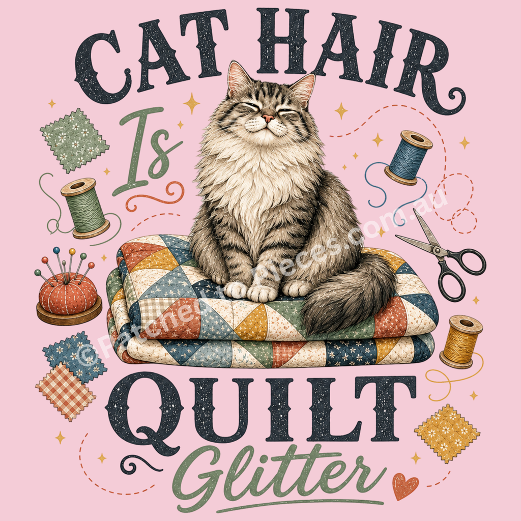 A vintage-style graphic illustration featuring a fluffy gray tabby cat sitting on a colorful patchwork quilt. The text reads 'CAT HAIR IS QUILT GLITTER' in decorative fonts. The cat is surrounded by sewing accessories such as scissors, thread, pincushion and swatches.