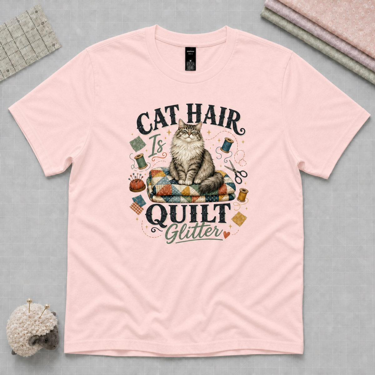 A light pink short-sleeve t-shirt with a graphic print of a cat sitting on a quilt surrounded by sewing and quilting tools, with the text 'CAT HAIR IS QUILT GLITTER'. The shirt is displayed flat on a gray textured background with quilting props.