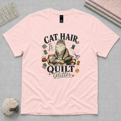A light pink short-sleeve t-shirt with a graphic print of a cat sitting on a quilt surrounded by sewing and quilting tools, with the text 'CAT HAIR IS QUILT GLITTER'. The shirt is displayed flat on a gray textured background with quilting props.