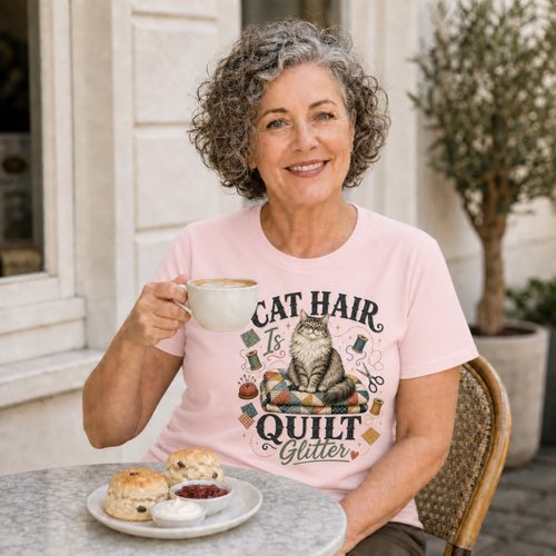 A smiling woman with curly gray hair sits at an outdoor table holding a mug, wearing a light pink graphic T-shirt that reads 'Cat Hair is Quilt Glitter' with an illustration of a cat and sewing motifs. A plate with scones and jam is on the table in front of her.