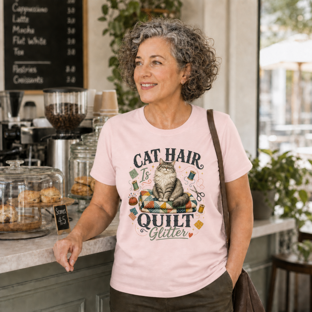 A woman with curly gray hair stands in a cafe wearing a light pink graphic t-shirt that reads 'Cat Hair is Quilt Glitter' with a cat and quilting-themed illustration. She has a brown shoulder bag and is leaning on a cafe counter.