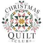 A festive graphic with the words “CHRISTMAS QUILT CLUB” in dark gray lettering around a central quilted geometric design. The design features a star-like quilt pattern in cream, pink, sage green, and mustard yellow, framed by holly leaves and red berries on a white background.