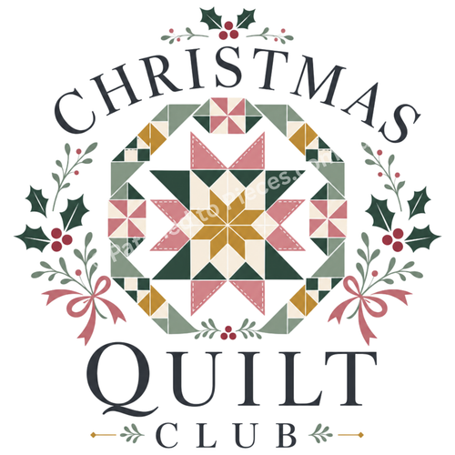 A festive graphic with the words “CHRISTMAS QUILT CLUB” in dark gray lettering around a central quilted geometric design. The design features a star-like quilt pattern in cream, pink, sage green, and mustard yellow, framed by holly leaves and red berries on a white background.