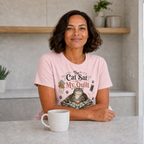 A woman with curly brown hair sits at a kitchen table wearing a light pink graphic t-shirt that reads 'The Cat Sat on My Quilt' with an illustration of a cat on a quilt. A white ceramic mug sits in front of her, with a modern kitchen background.
