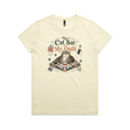 A pale butter yellow short-sleeve t-shirt with an illustration of a cat sitting on a quilt surrounded by sewing accessories and the words 'The Cat Sat on My Quilt'.