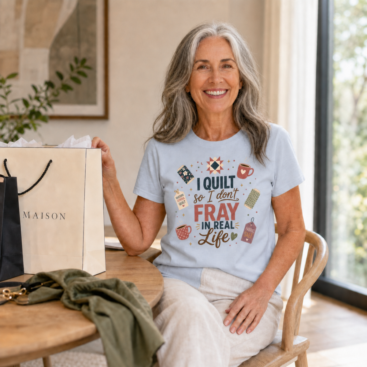 A smiling woman with gray hair sits indoors at a wooden table wearing a powder blue graphic T-shirt. The shirt has a colorful quilt-themed design with the text 'I Quilt So I Don't Fray in Real Life'.