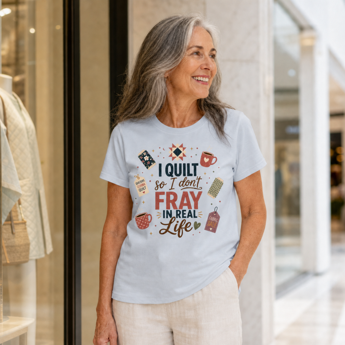 A smiling older woman stands near a boutique wearing a powder blue graphic T-shirt with the phrase 'I Quilt So I Don't Unravel in Real Life' and quilt-themed illustrations, paired with light beige pants.