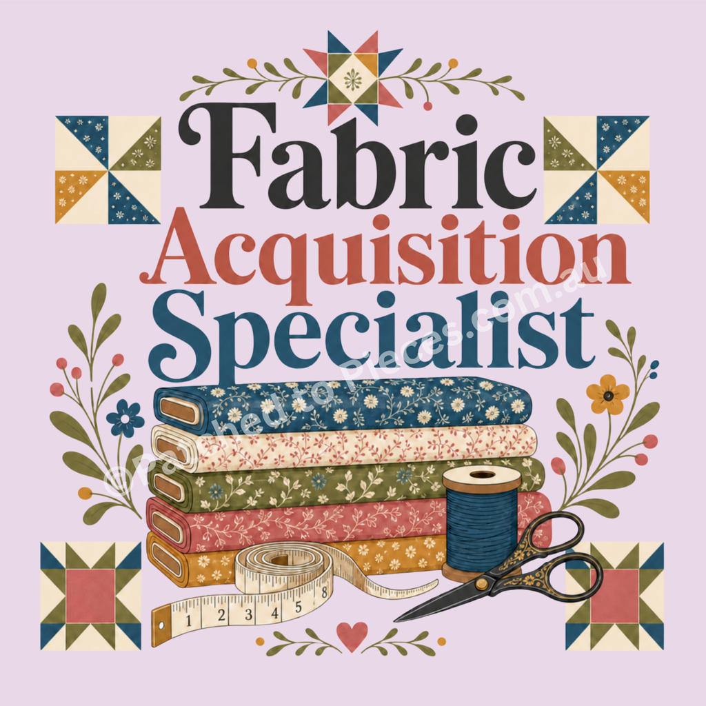 A detailed image of the graphic 'Fabric Acquisition Specialist'. The design includes a stack of fabric bolts, a measuring tape, a spool of thread and a pair of scissors as well as small quilt blocks and flowers. It is shown on a pale mauve background.
