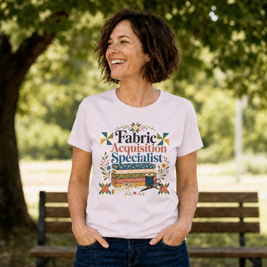 A woman with short dark hair standing in front of a park bench wearing a pale mauve graphic t-shirt with the words 'Fabric Acquisition Specialist' above a stack of fabric bolts, measuring tape and scissors.