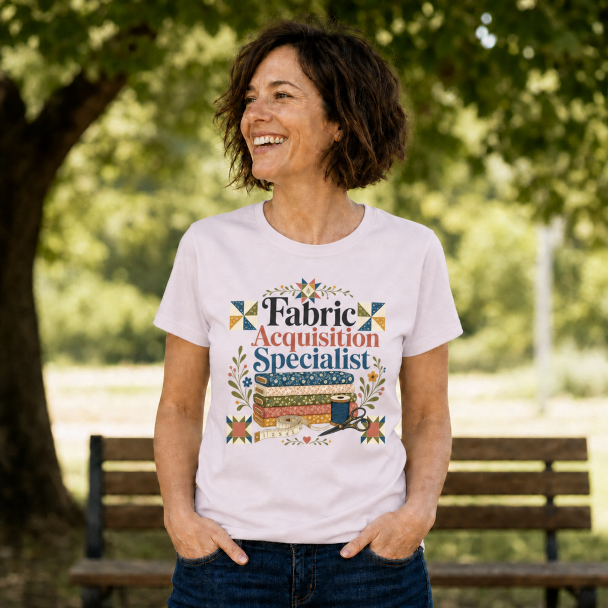 A woman with short dark hair standing in front of a park bench wearing a pale mauve graphic t-shirt with the words 'Fabric Acquisition Specialist' above a stack of fabric bolts, measuring tape and scissors.