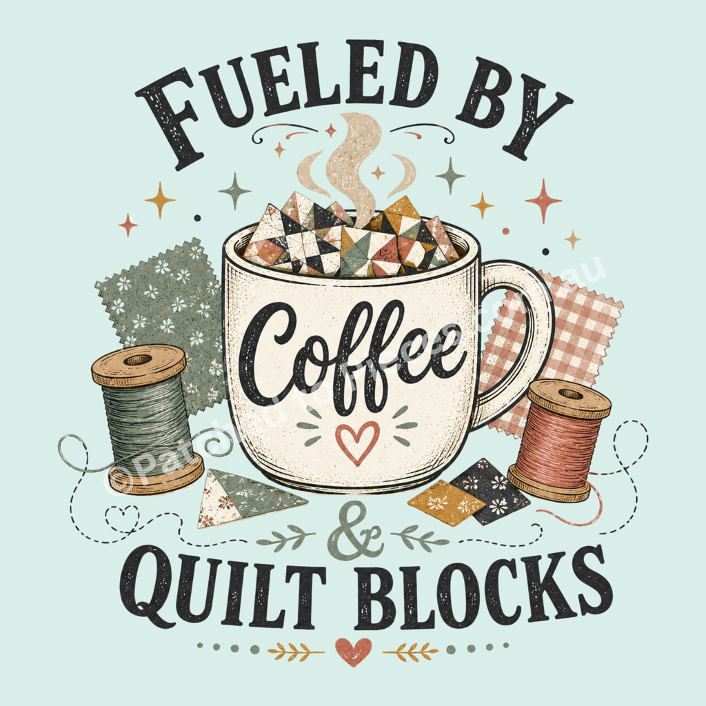 A stylized graphic with the words “Fueled by Coffee & Quilt Blocks” around an illustrated white coffee mug filled with quilted fabric pieces. Spools of thread and small fabric swatches appear around the mug on a pale mint green background.