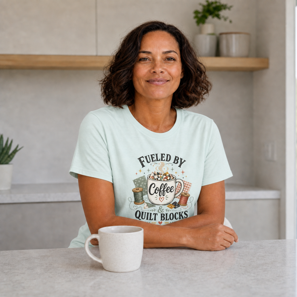 A woman with short dark curly hair sits at a kitchen bench wearing a light mint green graphic t-shirt that reads 'Fueled by Coffee & Quilt Blocks'. A white ceramic mug sits in front of her, with a modern kitchen background featuring light gray walls and wooden shelves.