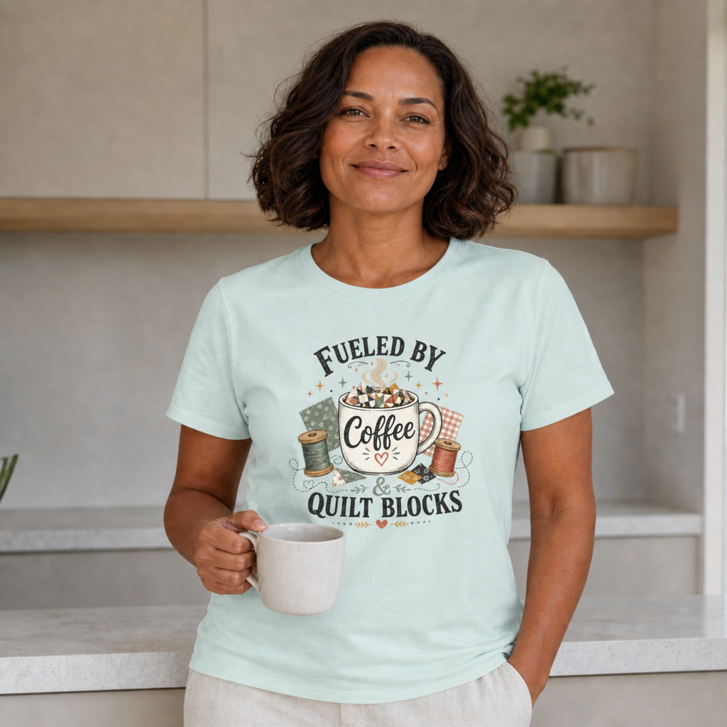 A woman with dark hair standing in a kitchen wearing a seafoam green t-shirt with a graphic that reads 'Fueled by Coffee & Quilt Blocks'. She is holdng a white cup.