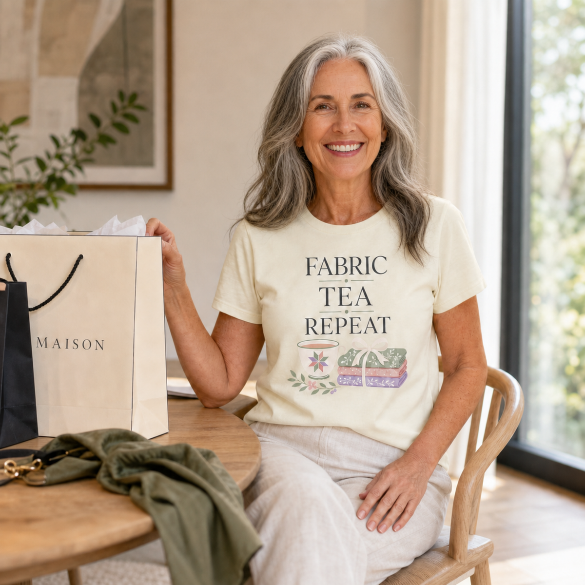 A woman with long grey hair sits at a table wearing a pale butter yellow short-sleeve t-shirt with the words "Fabric, Tea, Repeat" above an illustration of a tea cup and bundle of fabric.