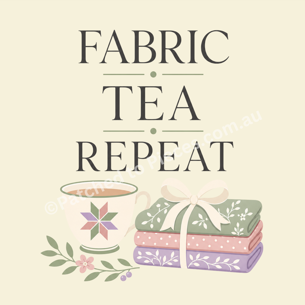 A detailed view of the 'Fabric, Tea, Repeat' image showing the words in dark grey above a tea cup, tied fabric stack and a small floral element.