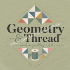 Detail of the graphic 'Geometry & Thread, modern quilting club' showing the writing in black and green with patchwork triangles above and below. A spool of green thread is centred at the bottom with stitch lines and stars.