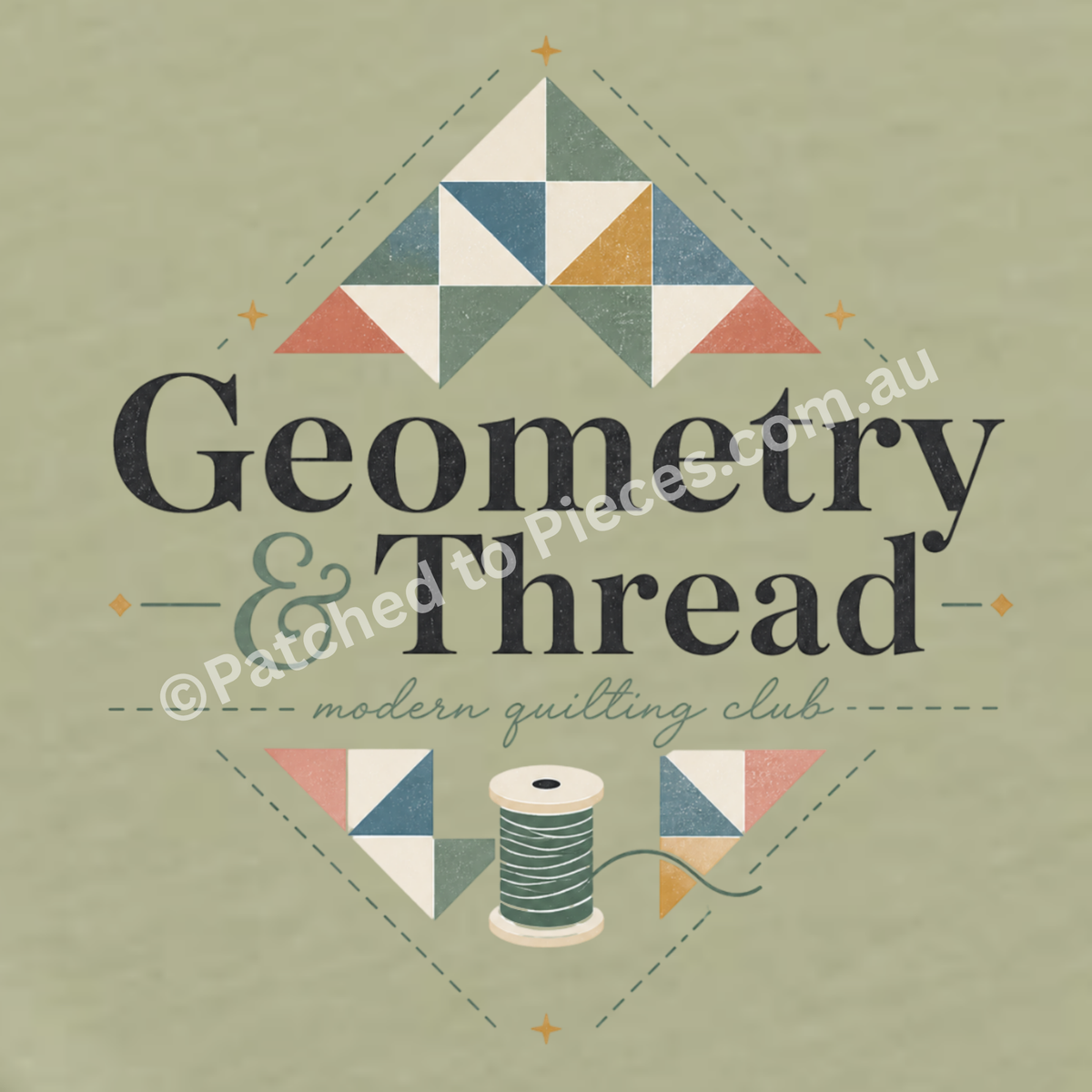 Detail of the graphic 'Geometry & Thread, modern quilting club' showing the writing in black and green with patchwork triangles above and below. A spool of green thread is centred at the bottom with stitch lines and stars.