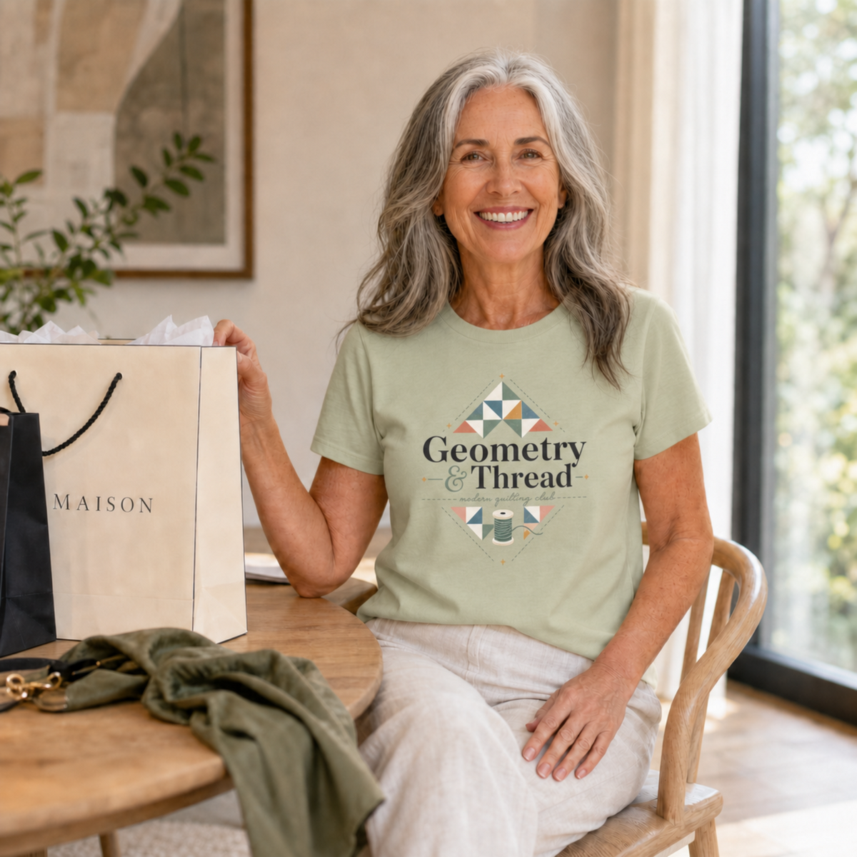 A woman with long grey hair sits at a table wearing a pistachio green t-shirt with the words 'Geometry & Thread' surrounded by illustrations of patchwork triangles.