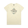 A pale butter yellow short-sleeve crewneck graphic t-shirt featuring the words 'Geometry & Thread, Modern Quilting Club' surrounded by patchwork triangles and a spool of thread.