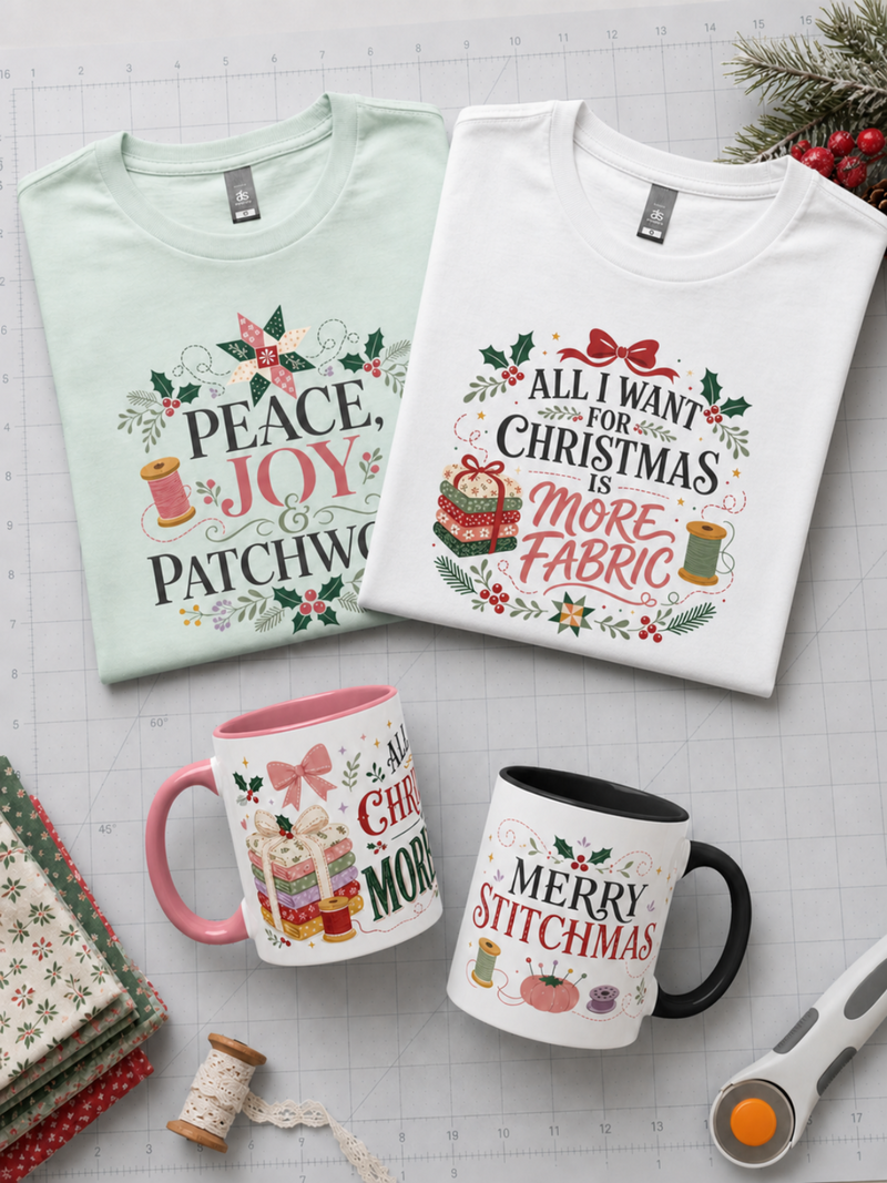 Two Christmas-themed patchwork t-shirts in mint green and white are displayed alongside two Christmas-themes ceramic mugs on a gridded craft mat background, surrounded by sewing props like a rotary cutter, fabric, and thread spools.