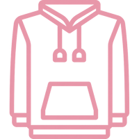 A minimalist pink line-art icon of a pullover hoodie on a solid black background.