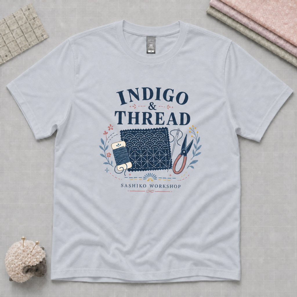 A powder blue crewneck t-shirt  featuring a navy blue and blue-gray graphic print that reads 'INDIGO & THREAD', surrounded by sashiko-themed illustrations. The shirt lays flat on a pale grey cutting mat with sewing props in the corners.