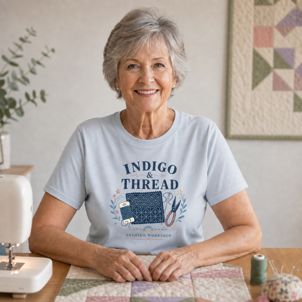 An older woman with short gray hair sits at a table wearing a light blue graphic T-shirt that reads 'INDIGO & THREAD' with a sasiko-themed illustration. A white sewing machine is on the table to her left, and a quilted fabric piece and spools of thread are visible in a softly lit indoor setting.