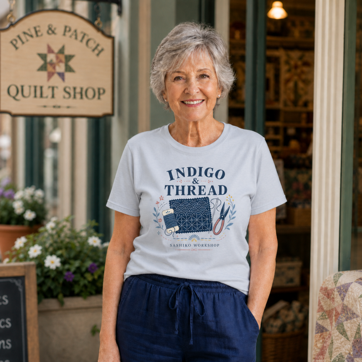 An older woman stands in front of a quilt shop doorway wearing a light blue graphic T-shirt with navy text reading 'INDIGO & THREAD' and a sashiko-themed illustration.