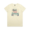A pale butter yellow graphic short-sleeve t-shirt with the words 'I Speak Fluent Pantrograph' surrounded by thread spools, bobbins, a needle and swirling stitche lines in multi colours.