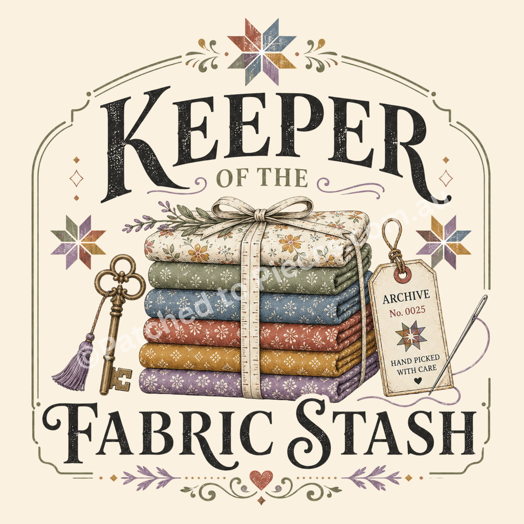 A detailed image of the graphic 'Keeper of the Fabric Stash' in muted greens, blues, tan, blue and mauve. A stack of folded fabric is in the middle, tied with a measuring tape. A key is on the left with an archive tag on the right with small stars, flowers and a heart as accents.